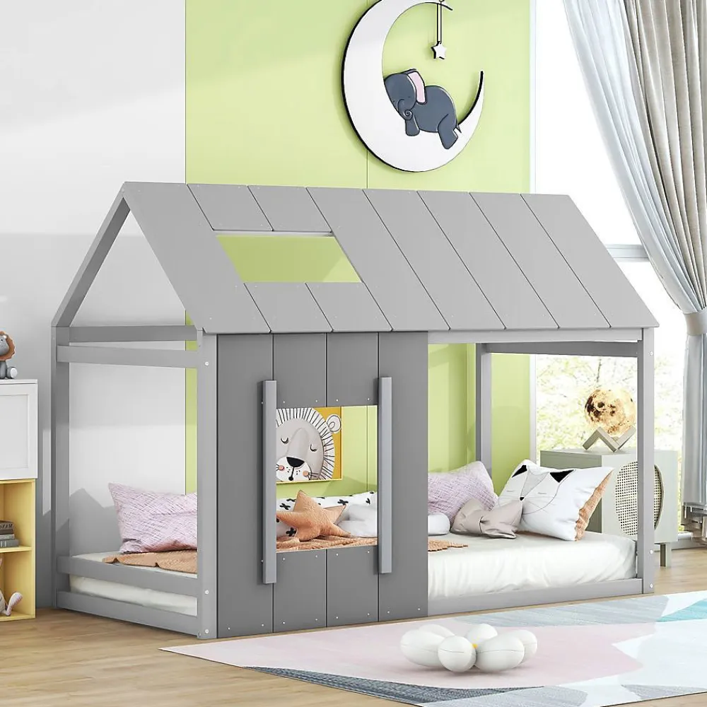 Lit enfant 90 x 200 cm en forme de maison, gris foncé et gris clair>Blackcolors New