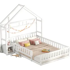 Lit Enfant 140 X 200 Cm, Lit Cabane Avec Barrières, Lit Enfant Avec Tables De Chevet, Blanc>Fortuna lai Outlet