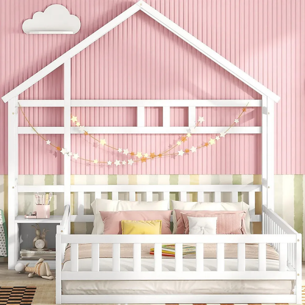 Lit Enfant 140 X 200 Cm, Lit Cabane Avec Barrières, Lit Enfant Avec Tables De Chevet, Blanc>Fortuna lai Outlet