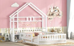 Lit Enfant 140 X 200 Cm, Lit Cabane Avec Barrières, Lit Enfant Avec Tables De Chevet, Blanc><noscript><img width=