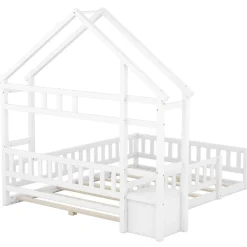 Lit Enfant 140 X 200 Cm, Lit Cabane Avec Barrières, Lit Enfant Avec Tables De Chevet, Blanc><noscript><img width=
