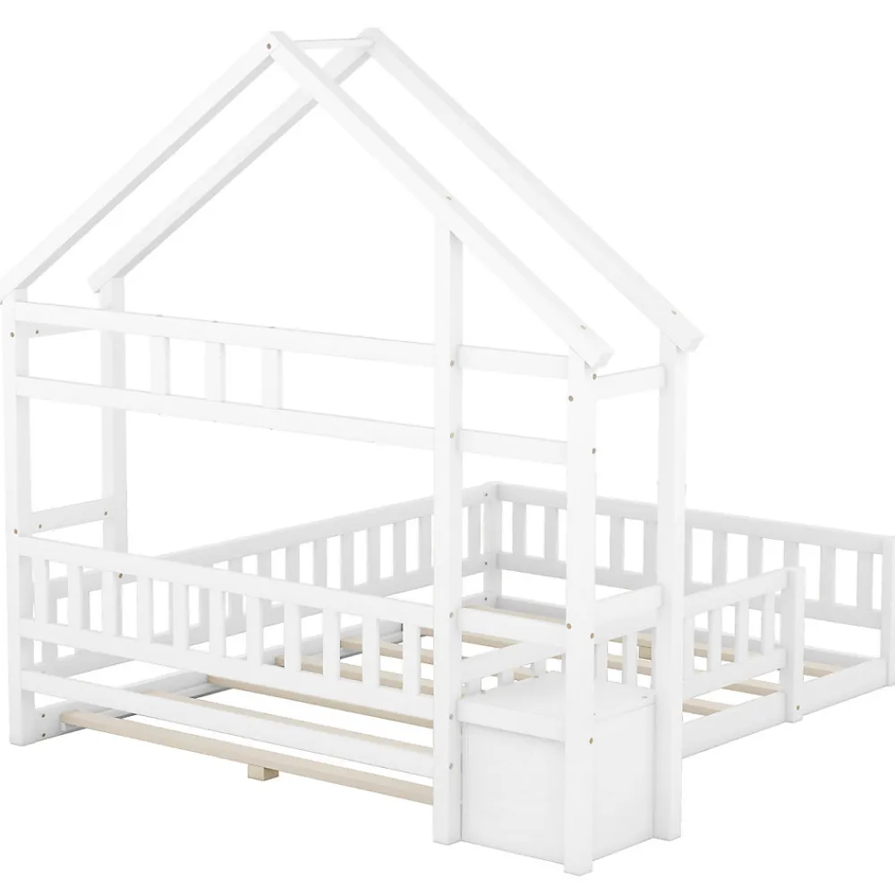 Lit Enfant 140 X 200 Cm, Lit Cabane Avec Barrières, Lit Enfant Avec Tables De Chevet, Blanc>Fortuna lai Outlet