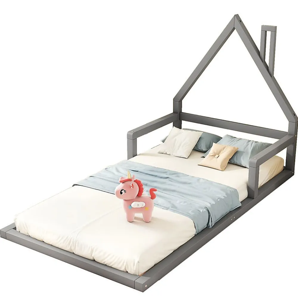 Lit enfant 90 x 200 cm, lit plat en forme de maison, pin gris,>Blackcolors Clearance