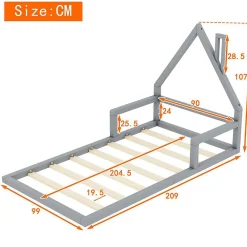 Lit enfant 90 x 200 cm, lit plat en forme de maison, pin gris,><noscript><img width=