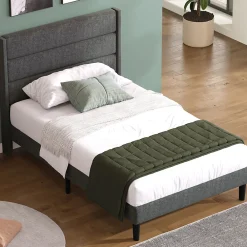 Lit enfant 90 x 200 cm, lit simple capitonné, avec sommier à lattes, design moderne, tissu en lin, matelas non inclus, gris><noscript><img width=