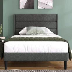 Lit enfant 90 x 200 cm, lit simple capitonné, avec sommier à lattes, design moderne, tissu en lin, matelas non inclus, gris><noscript><img width=