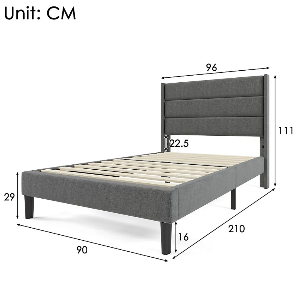 Lit enfant 90 x 200 cm, lit simple capitonné, avec sommier à lattes, design moderne, tissu en lin, matelas non inclus, gris>Seyakany Best
