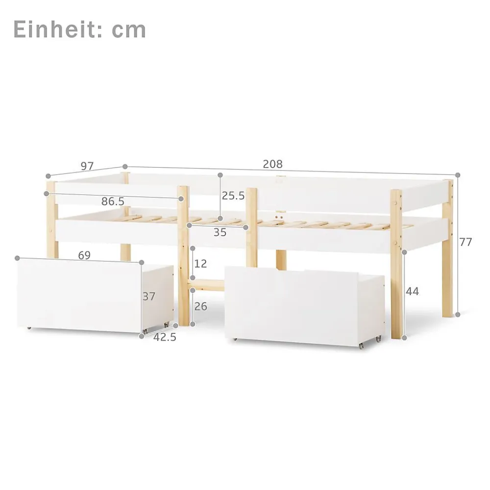 Blackcolors Lit enfant 90 x 200 cm, tiroirs, pin massif, blanc*Enfant Lit Enfant