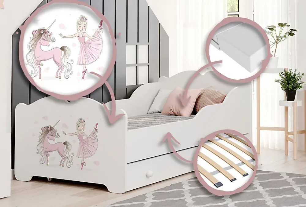 Kobi Lit enfant ANNA avec tiroir 160x80 Fille avec licorne* Ensemble Sommier Et Matelas