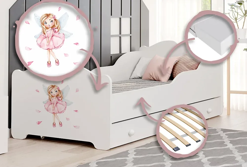 Kobi Lit enfant ANNA avec tiroir 160x80 Fille avec ailes* Ensemble Sommier Et Matelas