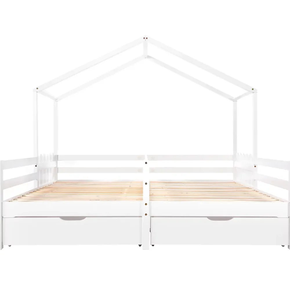 Okwish Lit enfant Cabane 90x200 cm - Lit avec Toit et Fenêtres, 2 Tiroirs MDF avec Roulettes, Cadre en Pin Blanc - Sans Matelas*Enfant Lit Enfant