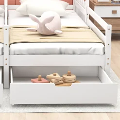 Okwish Lit enfant Cabane 90x200 cm - Lit avec Toit et Fenêtres, 2 Tiroirs MDF avec Roulettes, Cadre en Pin Blanc - Sans Matelas*Enfant Lit Enfant