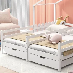 Okwish Lit enfant Cabane 90x200 cm - Lit avec Toit et Fenêtres, 2 Tiroirs MDF avec Roulettes, Cadre en Pin Blanc - Sans Matelas*Enfant Lit Enfant