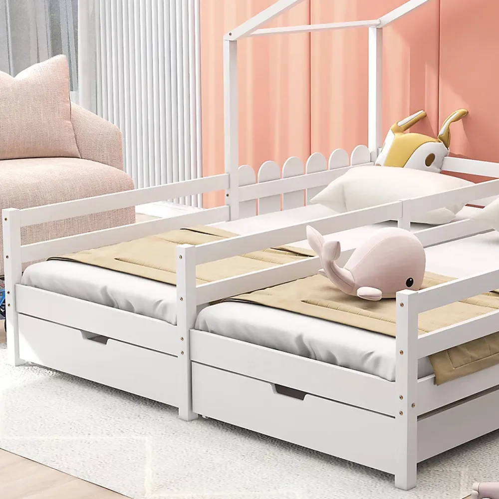 Okwish Lit enfant Cabane 90x200 cm - Lit avec Toit et Fenêtres, 2 Tiroirs MDF avec Roulettes, Cadre en Pin Blanc - Sans Matelas*Enfant Lit Enfant