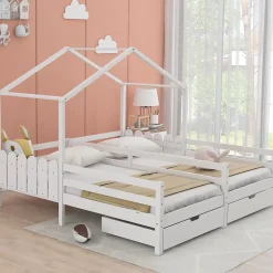 Okwish Lit enfant Cabane 90x200 cm - Lit avec Toit et Fenêtres, 2 Tiroirs MDF avec Roulettes, Cadre en Pin Blanc - Sans Matelas*Enfant Lit Enfant