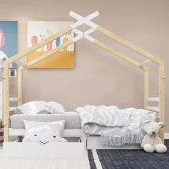 Lit enfant Cabane 90x200 cm avec Tiroirs - Lit Montessori en Bois de Pin Massif - design Scandinave - Blanc>Okwish