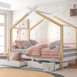 Lit enfant Cabane 90x200 cm avec Tiroirs - Lit Montessori en Bois de Pin Massif - design Scandinave - Blanc><noscript><img width=