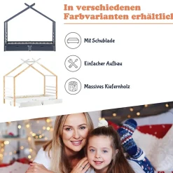 Lit enfant Cabane 90x200 cm avec Tiroirs - Lit Montessori en Bois de Pin Massif - design Scandinave - Blanc><noscript><img width=