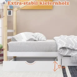 Lit enfant Cabane 90x200 cm avec Tiroirs - Lit Montessori en Bois de Pin Massif - design Scandinave - Blanc><noscript><img width=