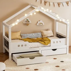 Okwish Lit enfant cabane 90x200 cm en bois - Lit simple stable pour chambre junior - Sans matelas - Design classique - Blanc*Enfant Lit Enfant