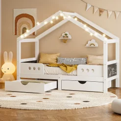 Okwish Lit enfant cabane 90x200 cm en bois - Lit simple stable pour chambre junior - Sans matelas - Design classique - Blanc*Enfant Lit Enfant