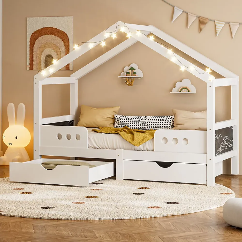 Okwish Lit enfant cabane 90x200 cm en bois - Lit simple stable pour chambre junior - Sans matelas - Design classique - Blanc*Enfant Lit Enfant