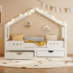 Okwish Lit enfant cabane 90x200 cm en bois - Lit simple stable pour chambre junior - Sans matelas - Design classique - Blanc*Enfant Lit Enfant