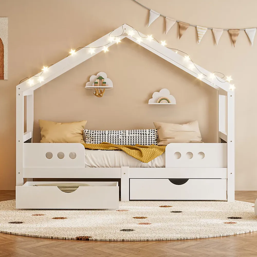 Okwish Lit enfant cabane 90x200 cm en bois - Lit simple stable pour chambre junior - Sans matelas - Design classique - Blanc*Enfant Lit Enfant