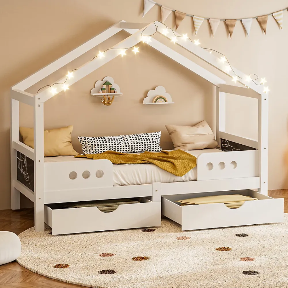 Okwish Lit enfant cabane 90x200 cm en bois - Lit simple stable pour chambre junior - Sans matelas - Design classique - Blanc*Enfant Lit Enfant