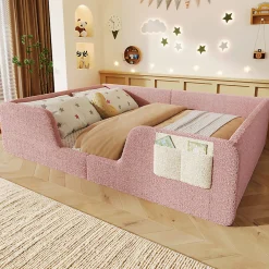 ModernLuxe Lit enfant capitonné 140x190 cm - avec barrières de sécurité amovibles - avec sac de rangement - rose (matelas non inclus)* Lit Avec Rangement