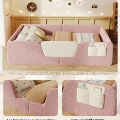 ModernLuxe Lit enfant capitonné 140x190 cm - avec barrières de sécurité amovibles - avec sac de rangement - rose (matelas non inclus)* Lit Avec Rangement