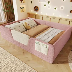 ModernLuxe Lit enfant capitonné 140x190 cm - avec barrières de sécurité amovibles - avec sac de rangement - rose (matelas non inclus)* Lit Avec Rangement