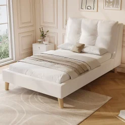 ModernLuxe Lit enfant capitonné 90x200cm - Tête de lit capitonnée - Oreillers réglables - Pieds en bois massif - Velours - Beige*Enfant Lit Enfant