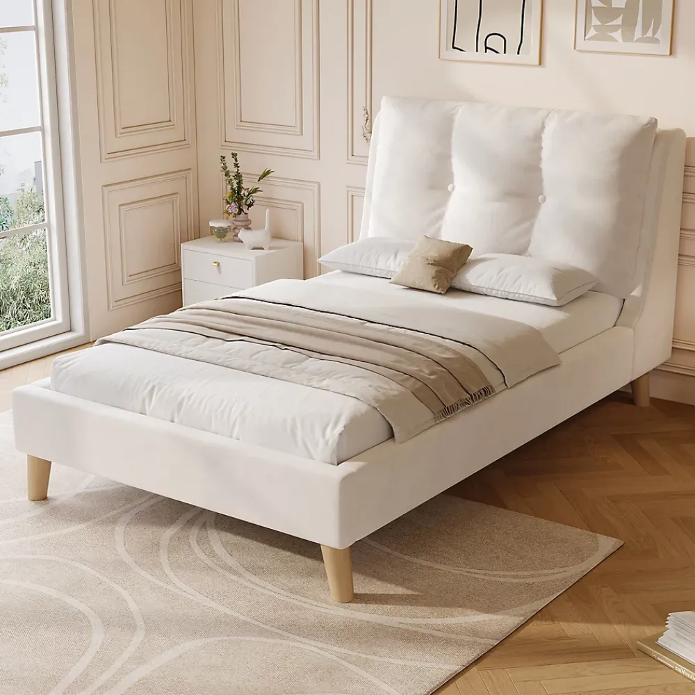 ModernLuxe Lit enfant capitonné 90x200cm - Tête de lit capitonnée - Oreillers réglables - Pieds en bois massif - Velours - Beige*Enfant Lit Enfant