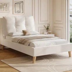 ModernLuxe Lit enfant capitonné 90x200cm - Tête de lit capitonnée - Oreillers réglables - Pieds en bois massif - Velours - Beige*Enfant Lit Enfant