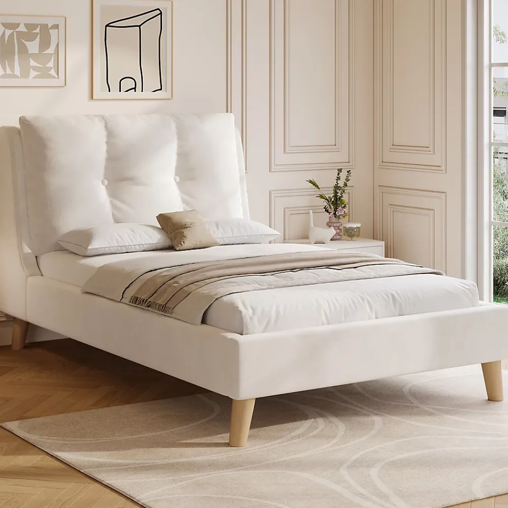 ModernLuxe Lit enfant capitonné 90x200cm - Tête de lit capitonnée - Oreillers réglables - Pieds en bois massif - Velours - Beige*Enfant Lit Enfant
