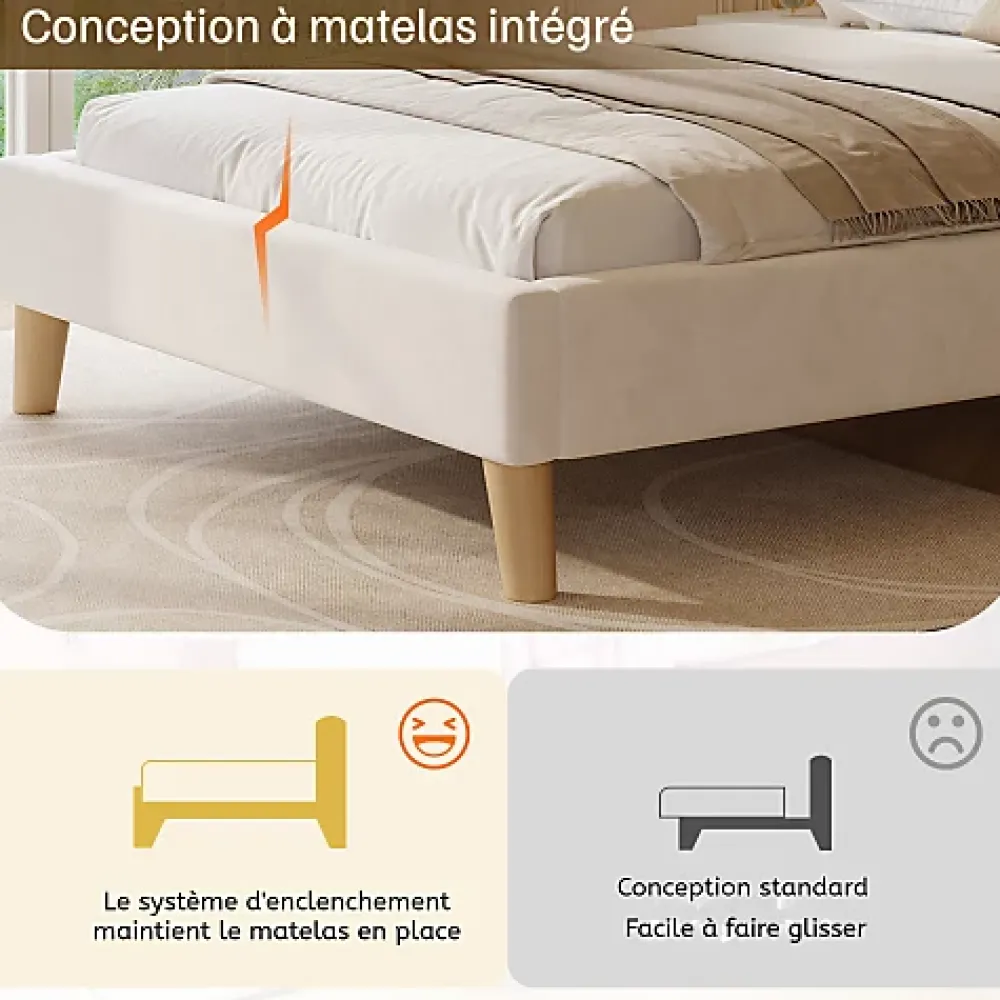 ModernLuxe Lit enfant capitonné 90x200cm - Tête de lit capitonnée - Oreillers réglables - Pieds en bois massif - Velours - Beige*Enfant Lit Enfant