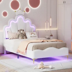 Lit enfant capitonné 90x200cm en PU, lit simple avec éclairage LED tête et pied de lit, chargeur EU inclus, Blanc>ProximaX