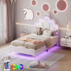 Lit enfant capitonné 90x200cm en PU, lit simple avec éclairage LED tête et pied de lit, chargeur EU inclus, Blanc><noscript><img width=