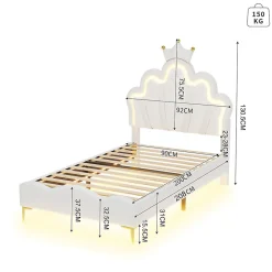 Lit enfant capitonné 90x200cm en PU, lit simple avec éclairage LED tête et pied de lit, chargeur EU inclus, Blanc><noscript><img width=