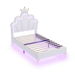 Lit enfant capitonné 90x200cm en PU, lit simple avec éclairage LED tête et pied de lit, chargeur EU inclus, Blanc><noscript><img width=