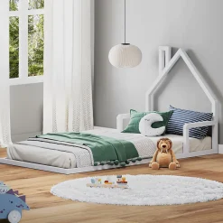 Lit enfant ELOA type Montessori, couchage 90x200 cm, en pin massif lasuré blanc>Idimex Outlet