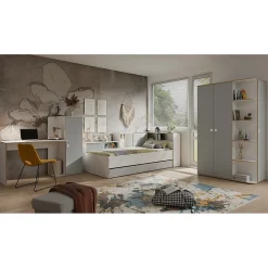 Lit enfant ELYO 90x200 cm Avec tiroirs, niches et étagères Gris, blanc & chene clair><noscript><img width=