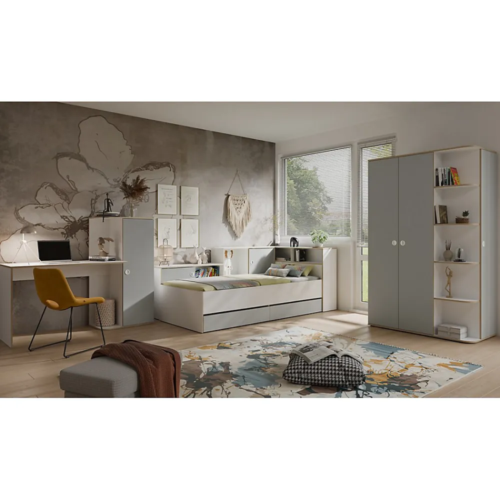 Lit enfant ELYO 90x200 cm Avec tiroirs, niches et étagères Gris, blanc & chene clair>Meublorama Clearance