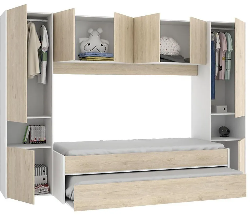 Lit enfant gigogne 90 x 190 cm coloris blanc /chêne + armoire - Longueur 302 x Hauteur 203 x Profondeur 97 cm>Pegane Online