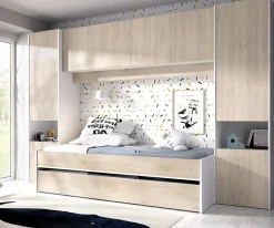 Lit enfant gigogne 90 x 190 cm coloris blanc /chêne + armoire - Longueur 302 x Hauteur 203 x Profondeur 97 cm><noscript><img width=