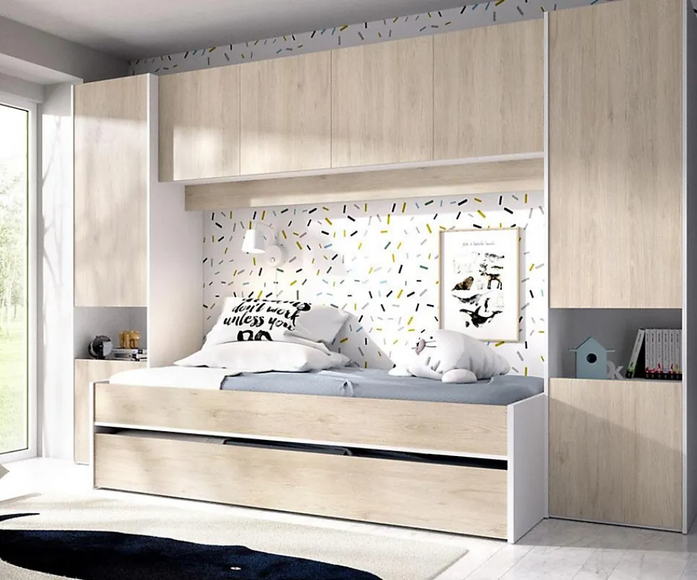 Lit enfant gigogne 90 x 190 cm coloris blanc /chêne + armoire - Longueur 302 x Hauteur 203 x Profondeur 97 cm>Pegane Online