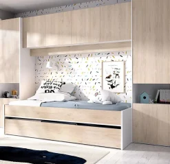 Lit enfant gigogne 90 x 190 cm coloris blanc /chêne + armoire - Longueur 302 x Hauteur 203 x Profondeur 97 cm><noscript><img width=