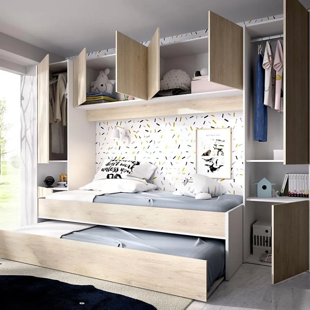 Lit enfant gigogne 90 x 190 cm coloris blanc /chêne + armoire - Longueur 302 x Hauteur 203 x Profondeur 97 cm>Pegane Online