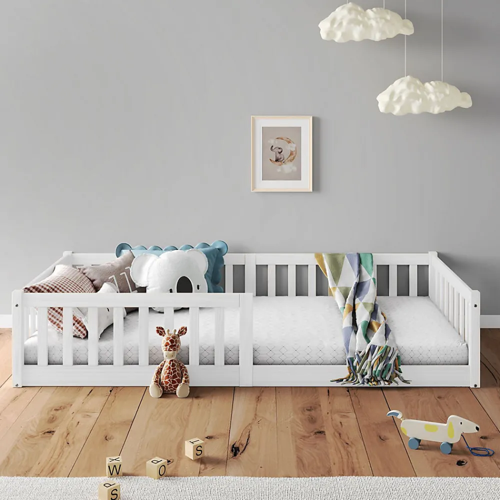 Lit enfant GUSTAVO type Montessori, couchage 90x200 cm, en pin massif lasuré blanc>Idimex Discount